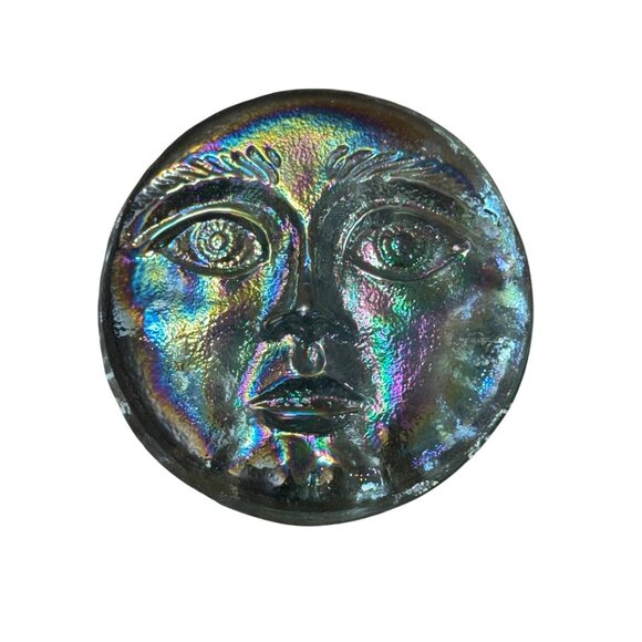 Vintage Blown Iredescent Art Glass Celestrial Sun Face Plate Plague Man Moon 9" - Picture 3 of 8